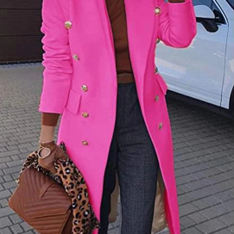 Women Jacket Lapel Medium Length Woolen Overcoat Autumn Winter Solid Double Breasted Topcoat Office Lady Tops Autumn Winter Rose