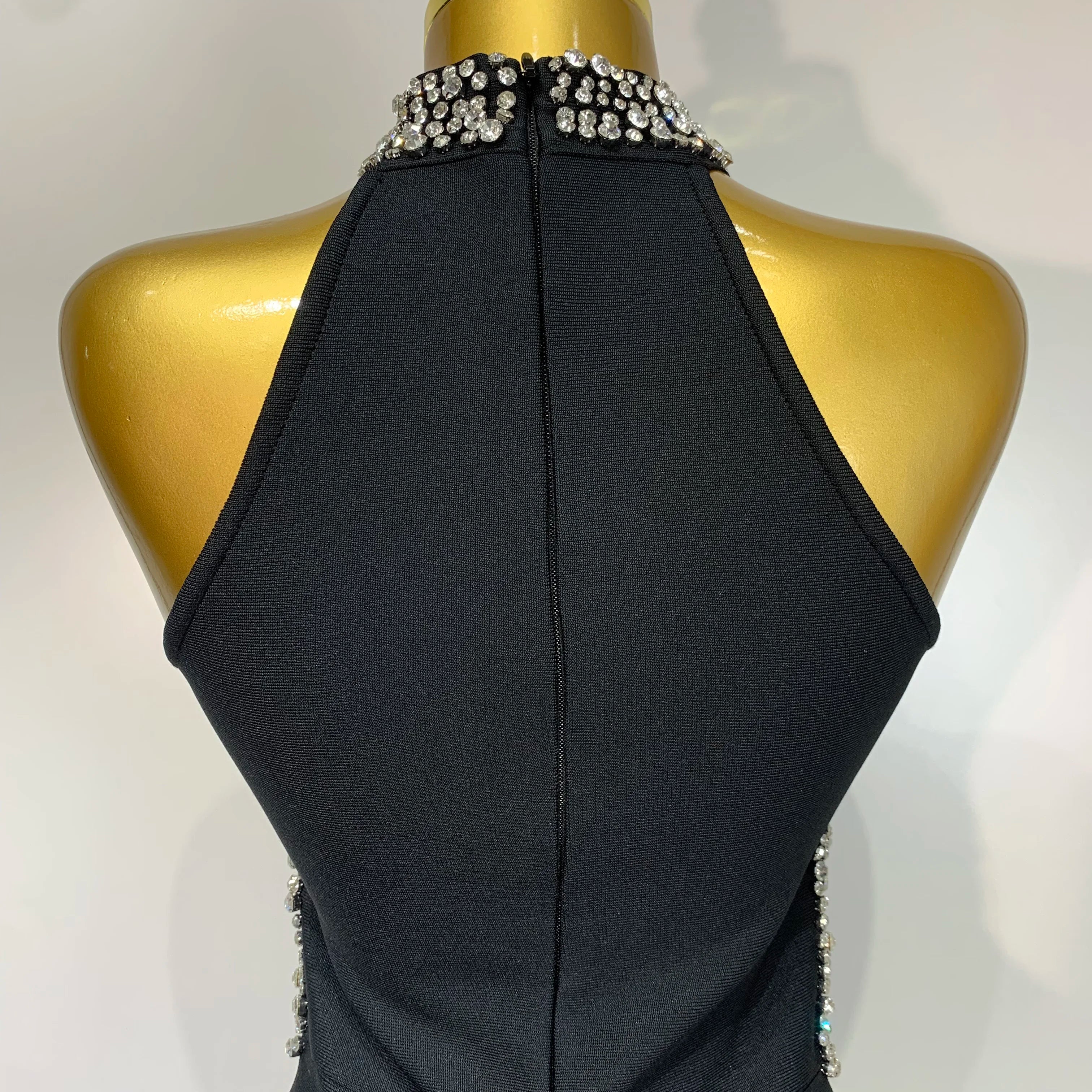 Women Sexy Rhinestone Black Sleeveless Mesh Patchwork Stretch Bodycon Bandage Party Dresses Elegant Birthday Dress