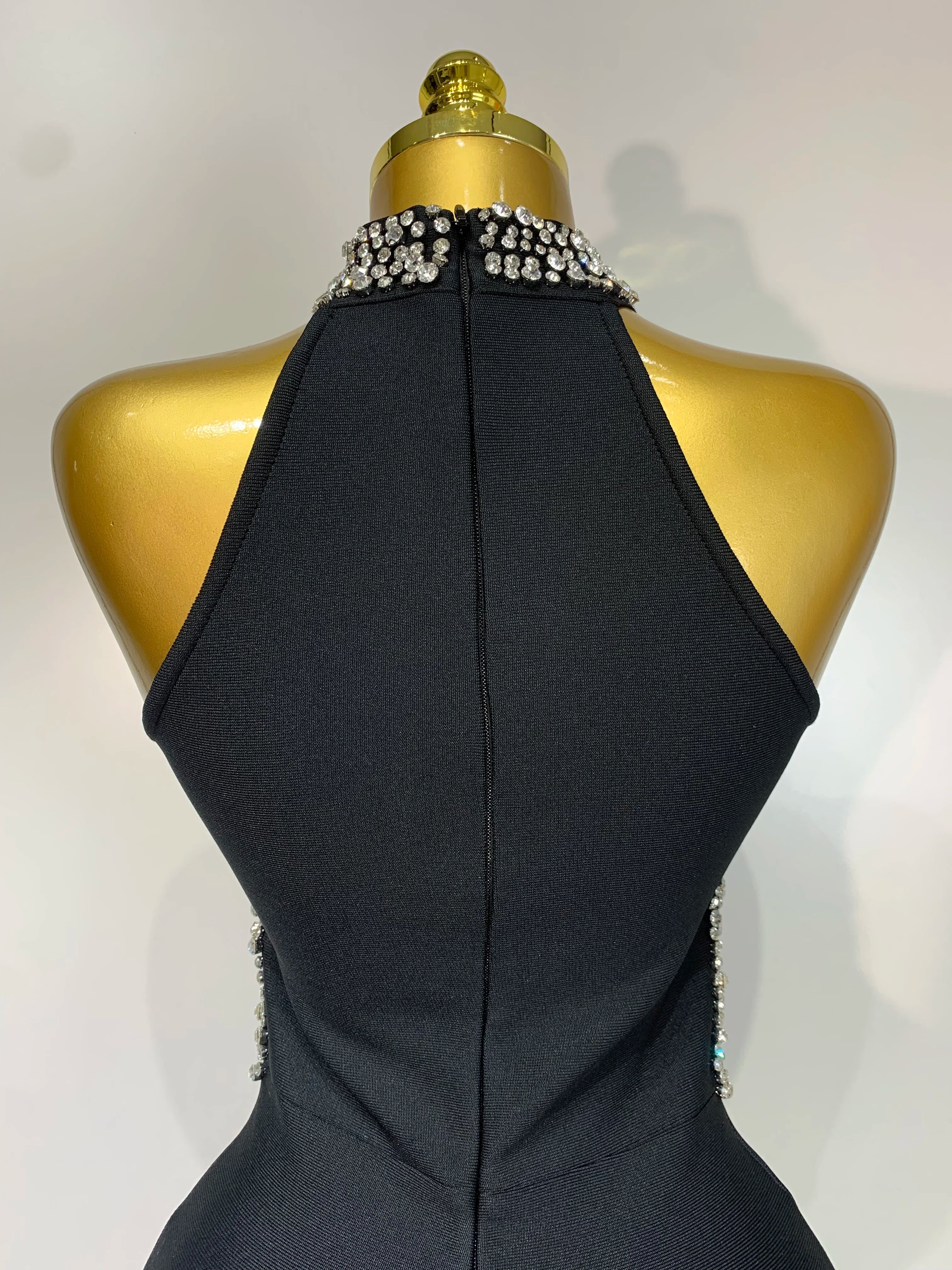 Women Sexy Rhinestone Black Sleeveless Mesh Patchwork Stretch Bodycon Bandage Party Dresses Elegant Birthday Dress