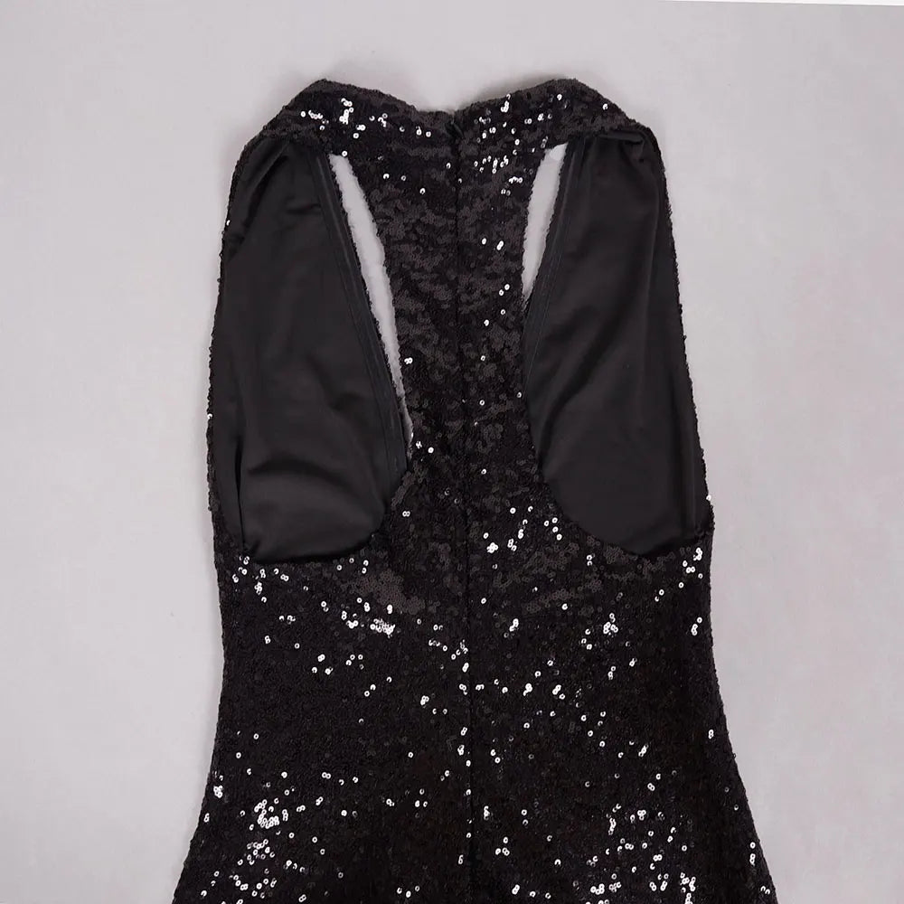 2024 Sexy Women'S Light Luxury Black Sequin Dress Deep V-Neck Sleeveless Bodycon Backless Mini Dresses Party Christmas Vestidos
