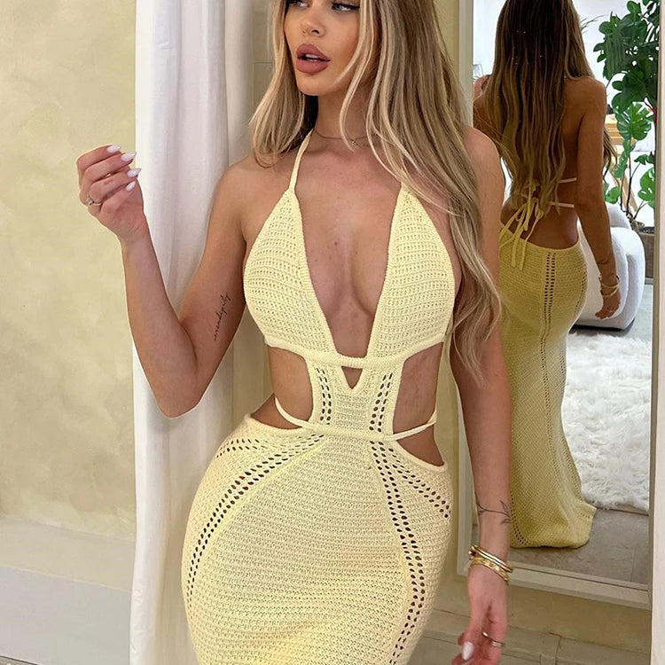 Hollow Out Halter Sexy Mini Dress Women Summer New Sleeveless Backless Skinny Club Party Knit Tank Dress Vestido Yellow