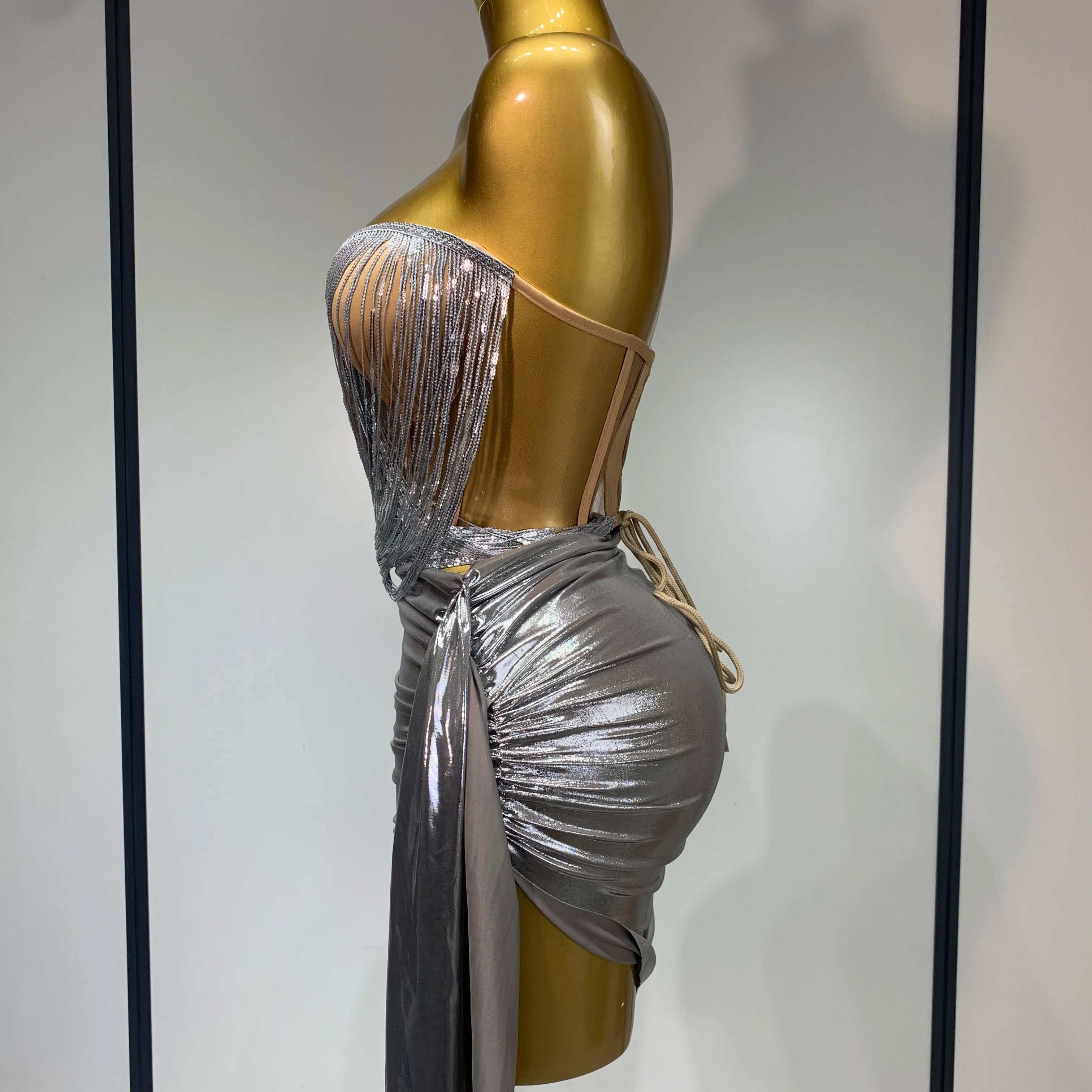 Sparkly Sequin Two Piece Set Sexy Strapless Backless Women Outfit Evening Party Nightclub Stage Performance Dance Costume