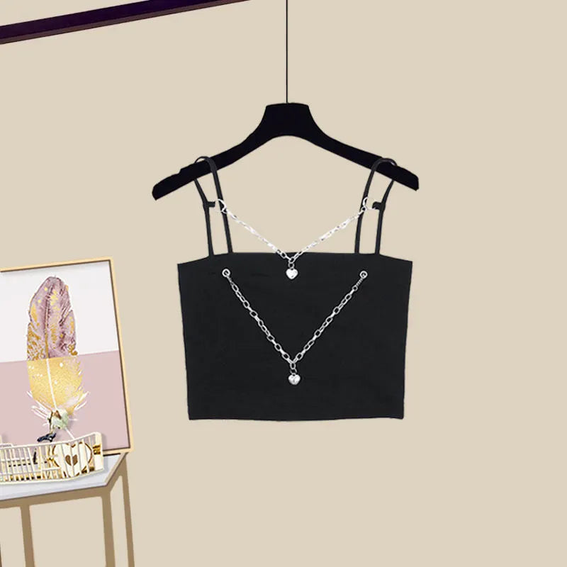 Women Spring Summer Fashion Suit Letter White Shirts Chain Vest Denim Wide Leg Pants 3 Piece Set Lady Casual Streetwear Outfits