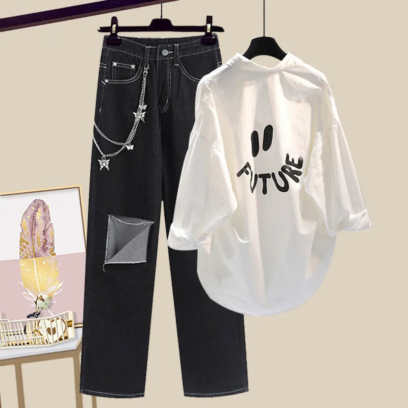 Women Spring Summer Fashion Suit Letter White Shirts Chain Vest Denim Wide Leg Pants 3 Piece Set Lady Casual Streetwear Outfits