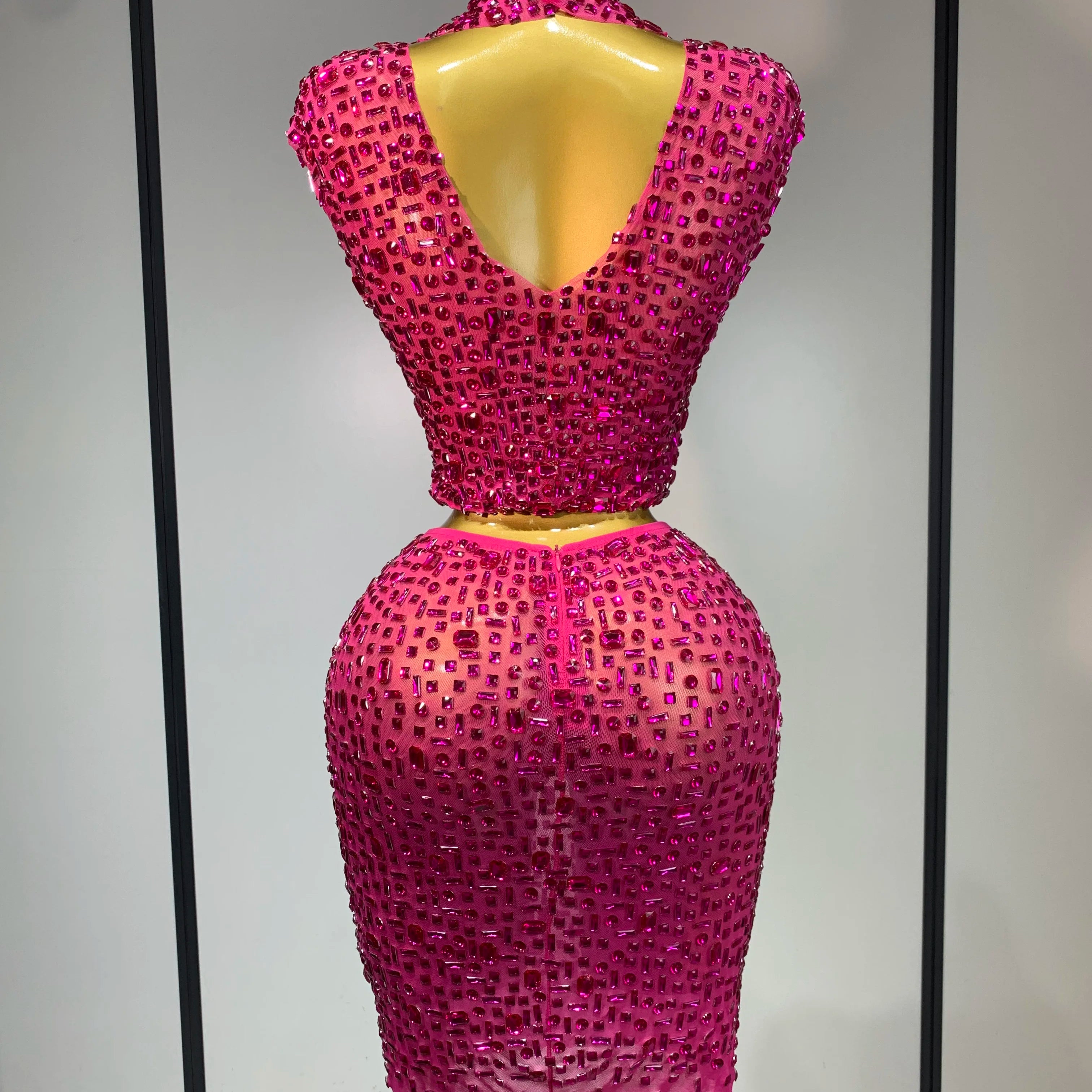 Sexy Sparkly Crystal Diamonds Mesh See Through Two Piece Set Women Elegant Evening Party Costume Singer Stage Performance Outfit