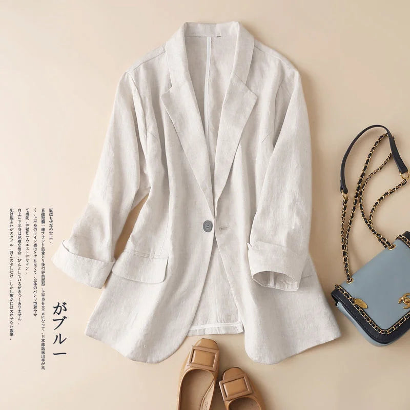 Cotton and Linen Small Suit Women Blazer 2022 Summer New Korean Fashion Thin Coat Three-quarter Sleeve Casual Blazers Jacket off white