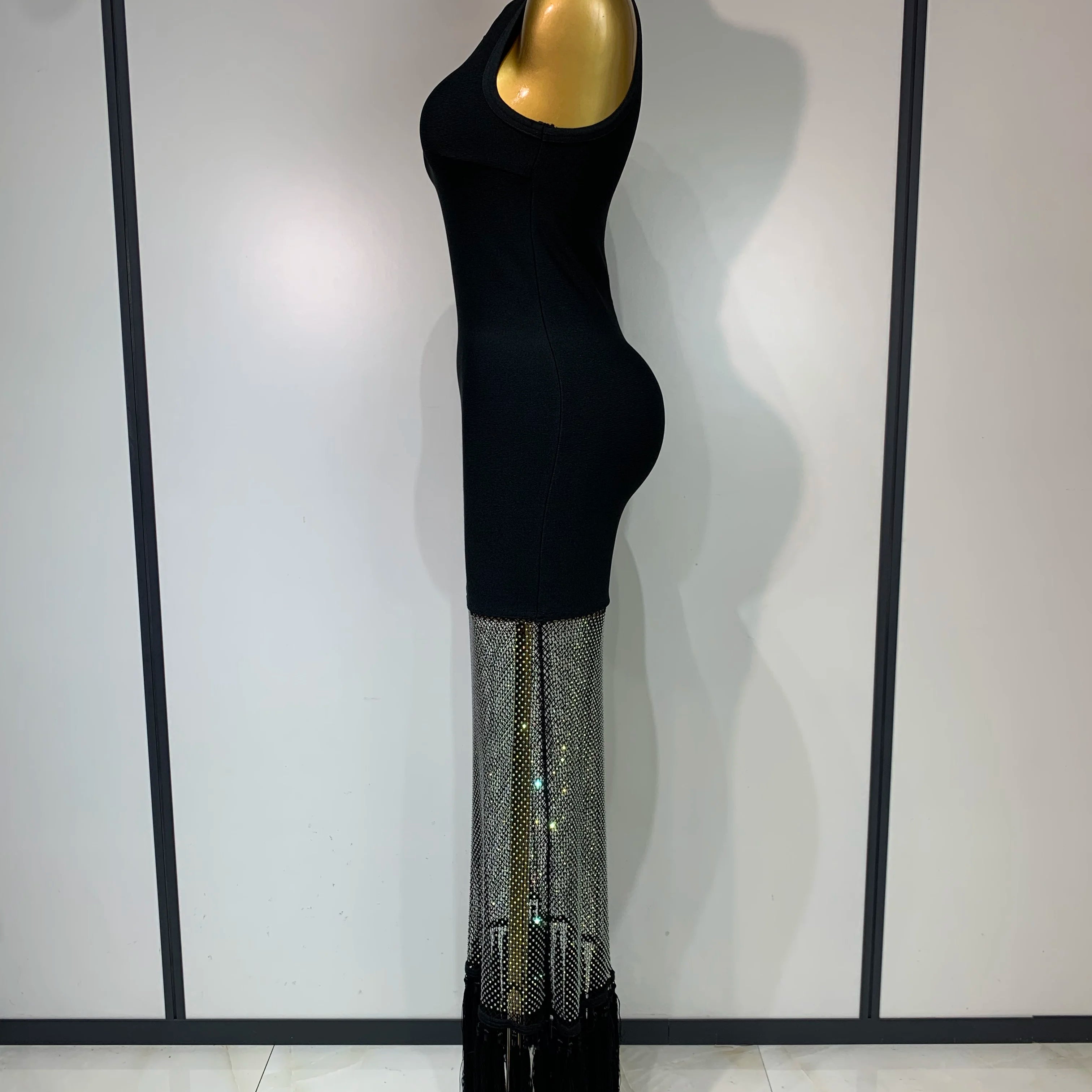 2025 New Fashion Black Sleeveless Sparkly Diamonds Tassel Bandage Dress Celebrity Cocktail Evening Party Luxury Birthday Gown