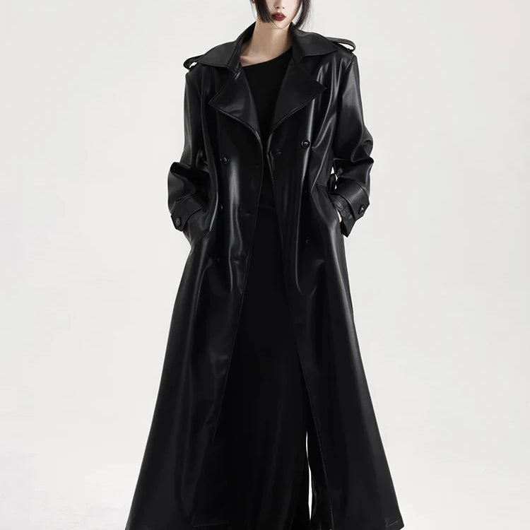 Spring Autumn Extra Long Black Soft Pu Leather Trench Coat for Women Double Breasted Loose Casual Korean Fashion 2024 Black