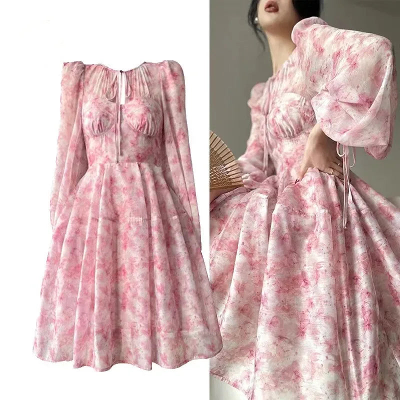 Chic French Elegant Spring Pink Printing Holiday Dress For Women Lace Up O Neck Lantern Sleeve Flower Chiffon High Waist Dresses Pink