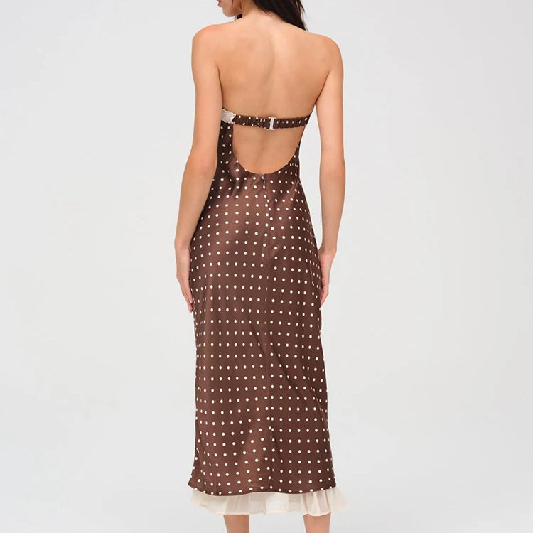 Lace Strapless Backless Sexy Midi Dress For Women Fashion Off-shoulder Sleeveless Bodycon Polka Dot Dress Elegant