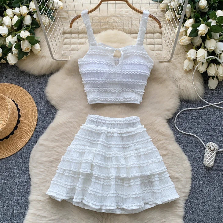Beach Boho Women's Set Strap Sleeveless Tank Top and Ruched Mini A-line Skirts Two 2 Piece Sets 2025 Summer Outfits WHITE One Size