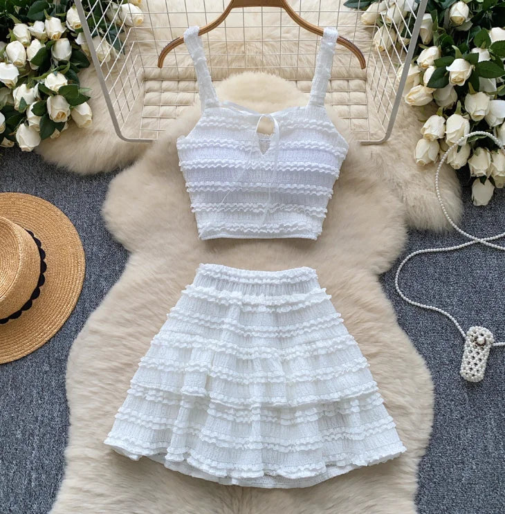 Beach Boho Women's Set Strap Sleeveless Tank Top and Ruched Mini A-line Skirts Two 2 Piece Sets 2025 Summer Outfits WHITE One Size
