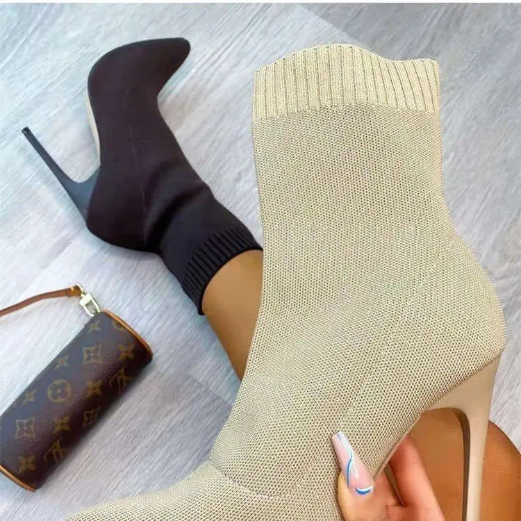 Autumn Luxury Women Beige Sock Boots Exotic Dancer High Heels Stiletto Boots Winter Fashion Stretch Fabric Boots Plus Size
