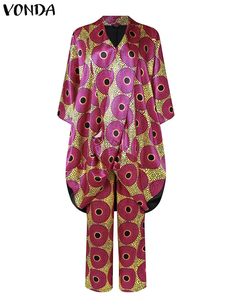 Plus Size 5XL VONDA Women Pants Sets Vintage 3/4 Sleeve Elastic Waist Tops+Trousers Casual Pleated Wide Leg Pants Elegant Suits