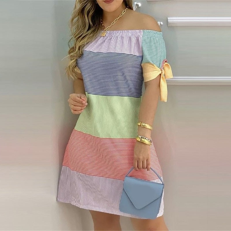 Women's Dress 2024 Summer Fashion Tropical Print Half Sleeve O-Neck Dresses Female Casual Party Beach Mini Loose Dress Vestidos EA01022-Color 3