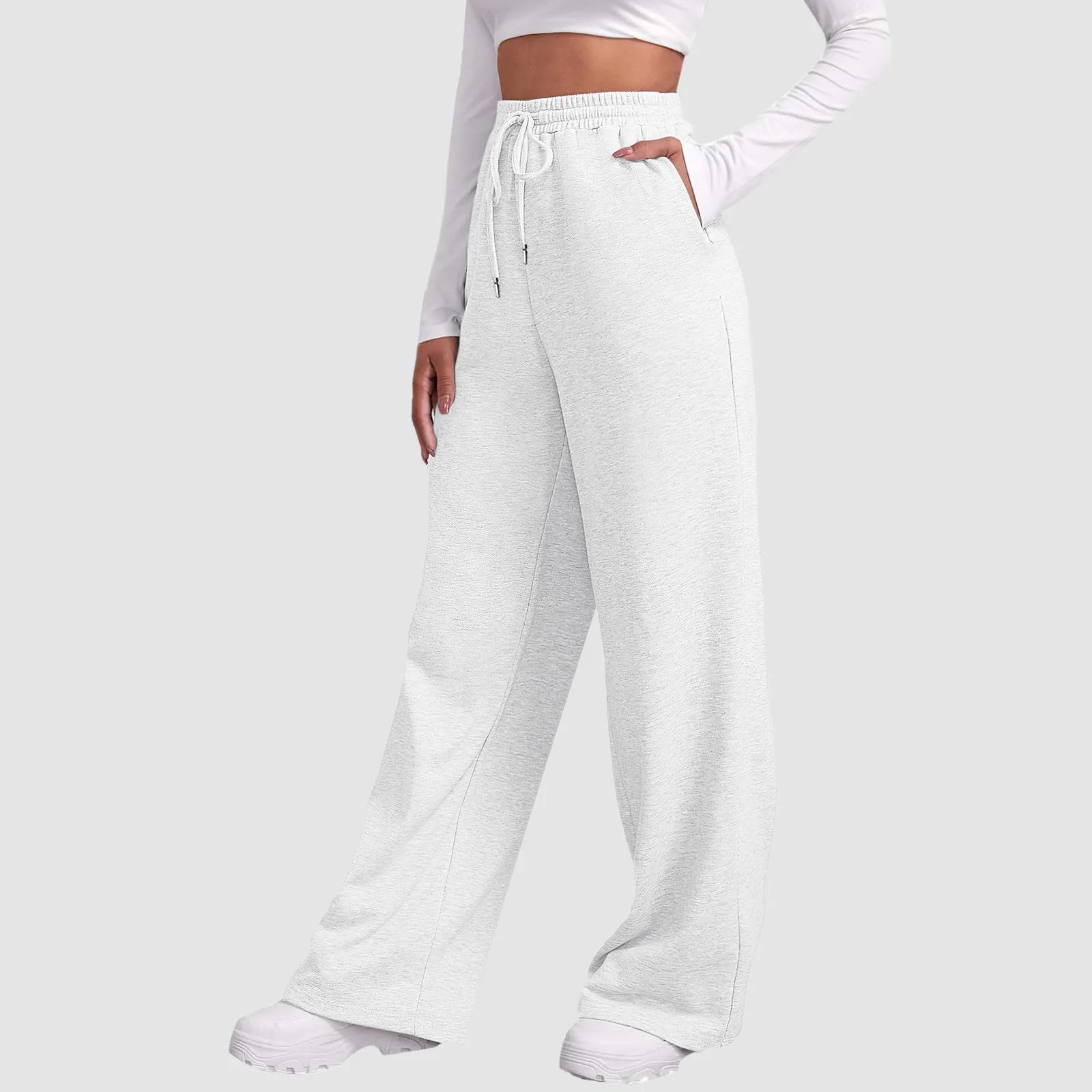 Wide Leg Pants For Women’S Fleece Lined Sweatpants Straight Pants Bottom All-Math Plain Fitness Joggers Travel Basic Pants White-A