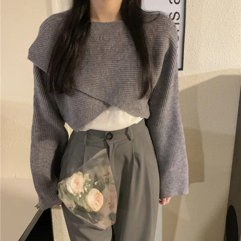 Short Pullovers Sweaters Autumn Winter 2024 Streetwear Knitted Sweater Women's Long Sleeve Cross Irregular Solid Y2K Tops 22933