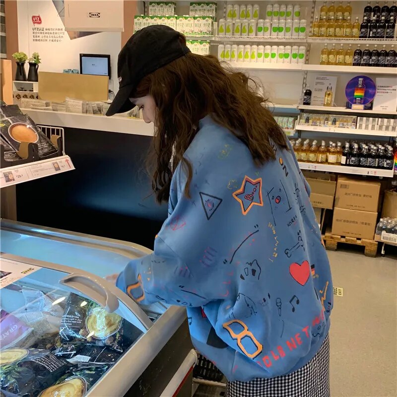 Women Sweatshirts Graffiti Pullover Tops Loose Long Sleeves Female Fashion Streetwear 2024 Autumn Winter Casual Hoodies