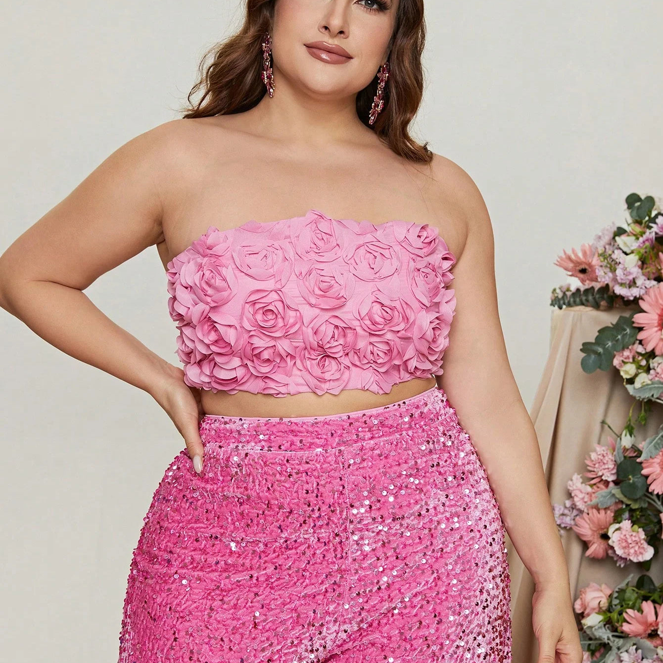 Plus Size Tube Top 3D Flower and Sequin Party Suit