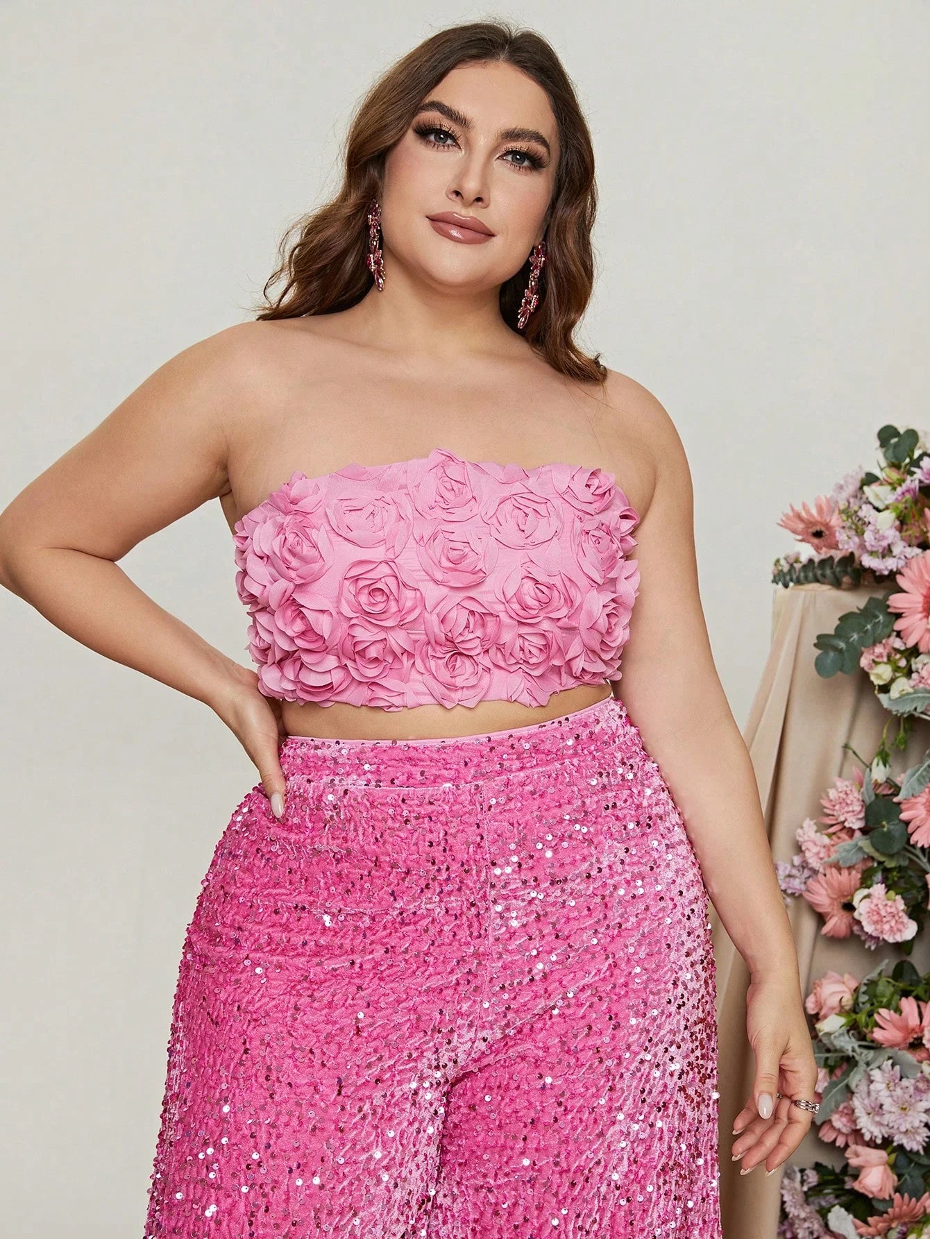 Plus Size Tube Top 3D Flower and Sequin Party Suit