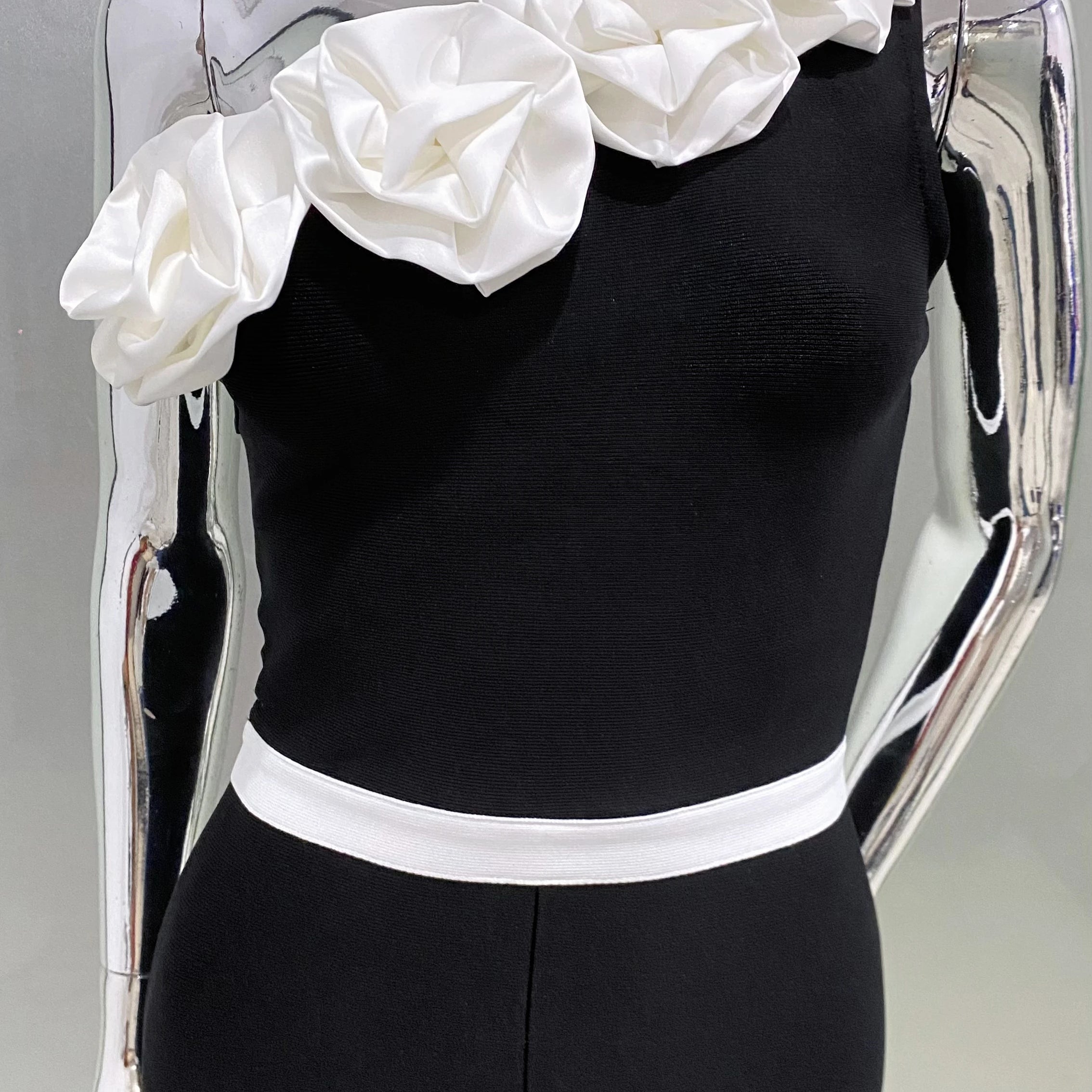 2024 Summer White Flowers One Shoulder Black Ankle Length Bandage Dress Graceful Woman Evening Dress Celebrity Party Outfit