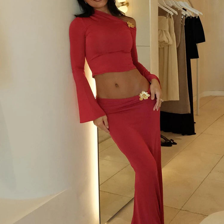 Chic One-Shoulder Crop Top and Maxi Skirt Ensemble with Floral Accents for a Special Occasion Evening Gown