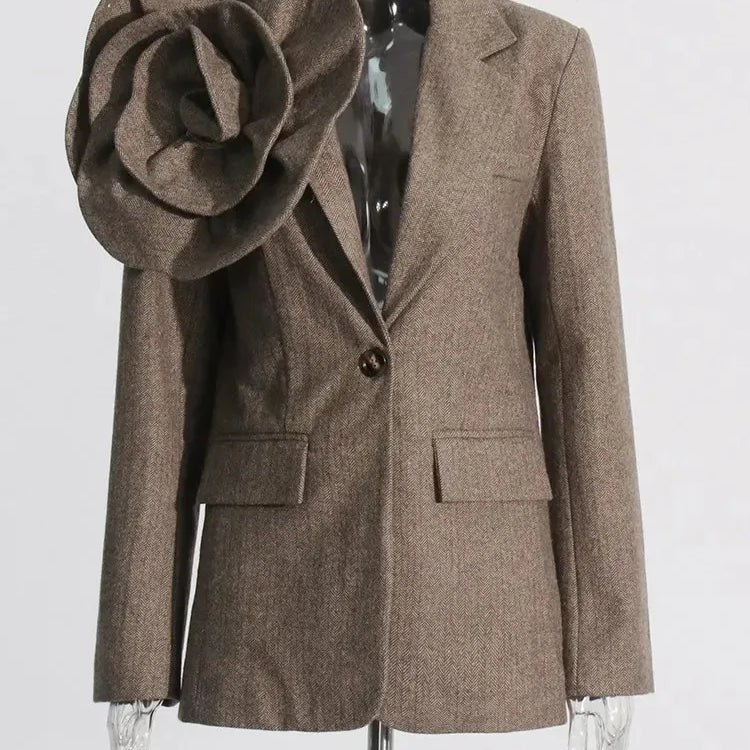 Patchwork Appliques Blazer For Women Notched Collar Long Sleeve Spliced Button Detachable Blazers Female Fashion COFFEE