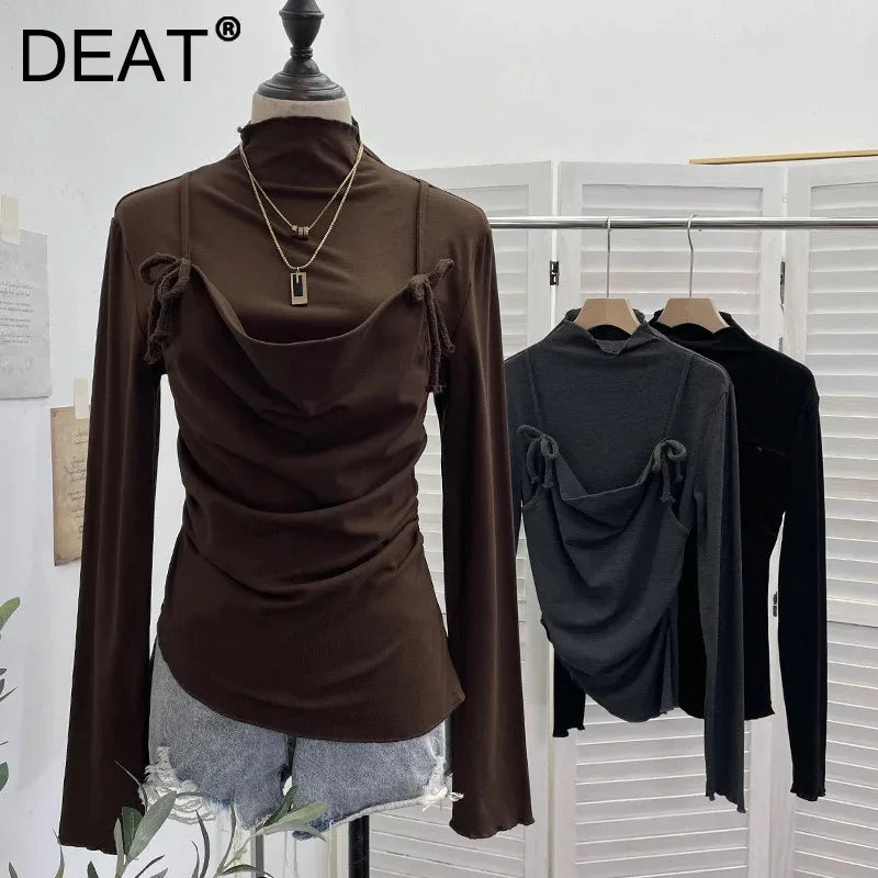 DEAT 2026 Spring New Lace-up Camisole Fake Two-piece Long Sleeve T-shirt For Women Fleece Inner Layer Base Shirt Top 11A07917