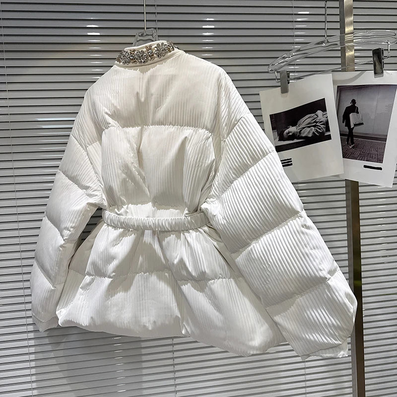 Winter New Fashion V-Neck Rhinestone Collar Belt Striped Fabric Warm Jacket For Women Cotton-padded Coat 11A07929