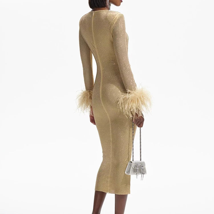 Champagne O Neck Midi Dress Rhinestones Long Sleeves Diamond Feathers Embellished Bodycon Evening Party Gowns