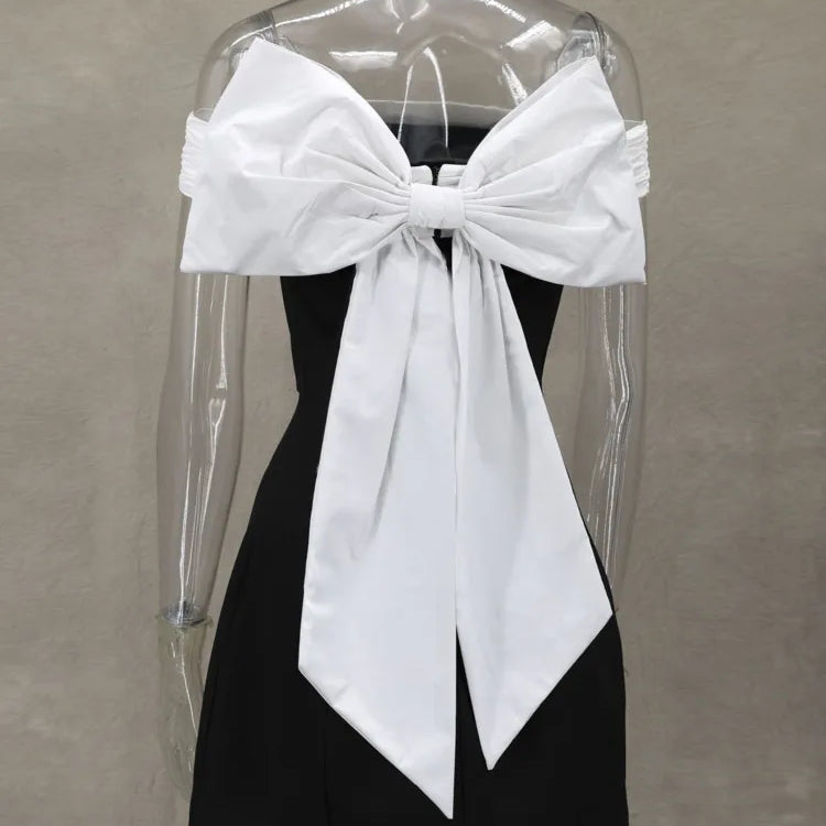Bow Backless Sexy Mini Dress For Women Robe Elegant Off-shoulder Strapless Sleeveless A-line Club Sexy Dress Vestido black
