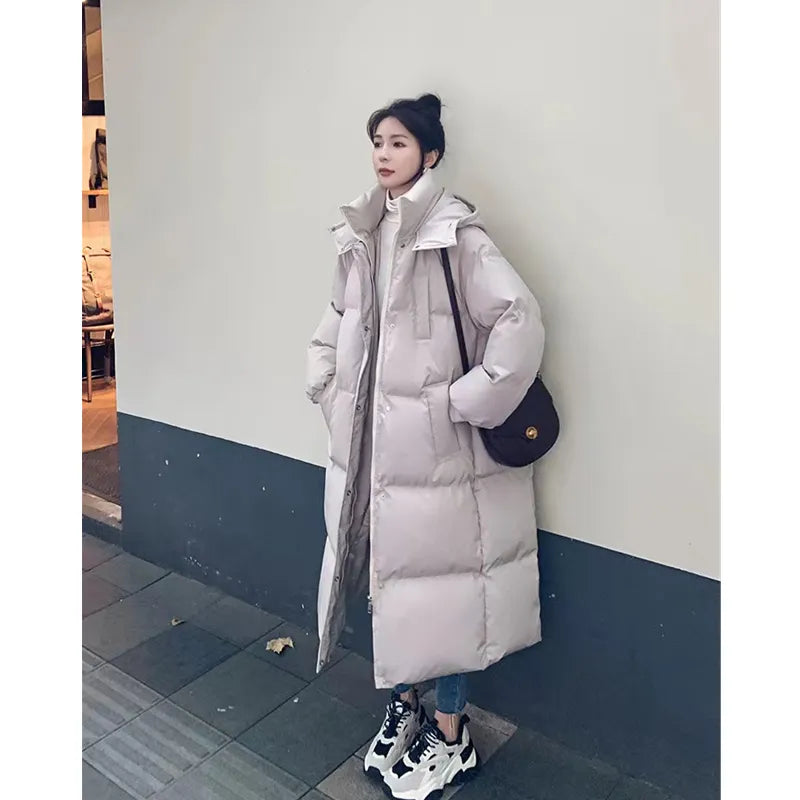 Women's Blue Down Jacket Hooded Long Cotton Clothes Winter Warm Thicken Windproof Korean Fashion Loose Oversized Coat Tops White
