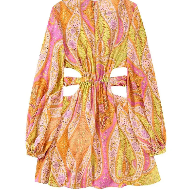 Willshela Women Fashion Printed Hollow Out Back Zipper Mini Dress Vintage V-Neck Long Sleeves Female Chic Lady Dresses