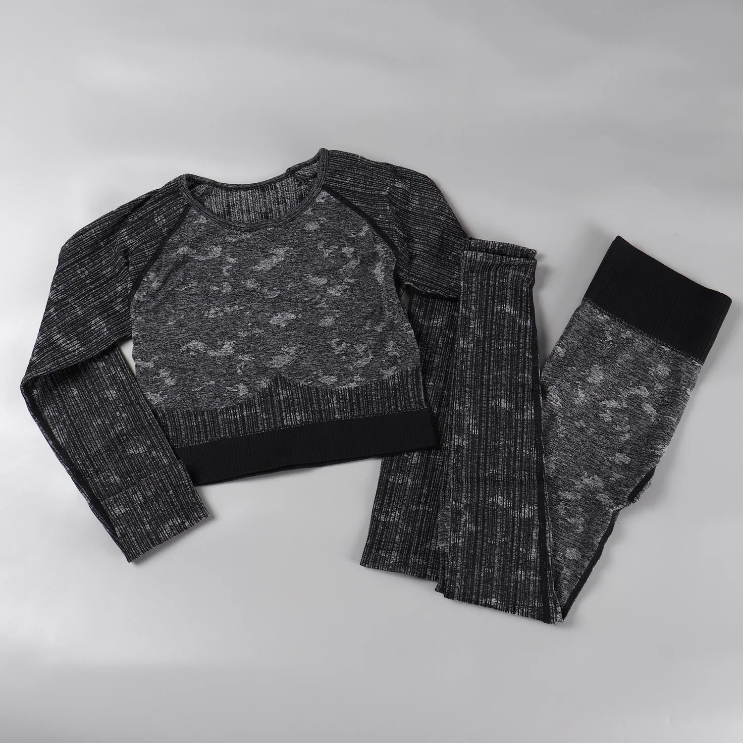 Rid Seamless Yoga Set Women 2pcs Two Piece Long Sleeve Crop Top T-Shirt Leggings Outfit Clothes Gym Wear Fitness Suit Sport Sets Upgrade Black Set