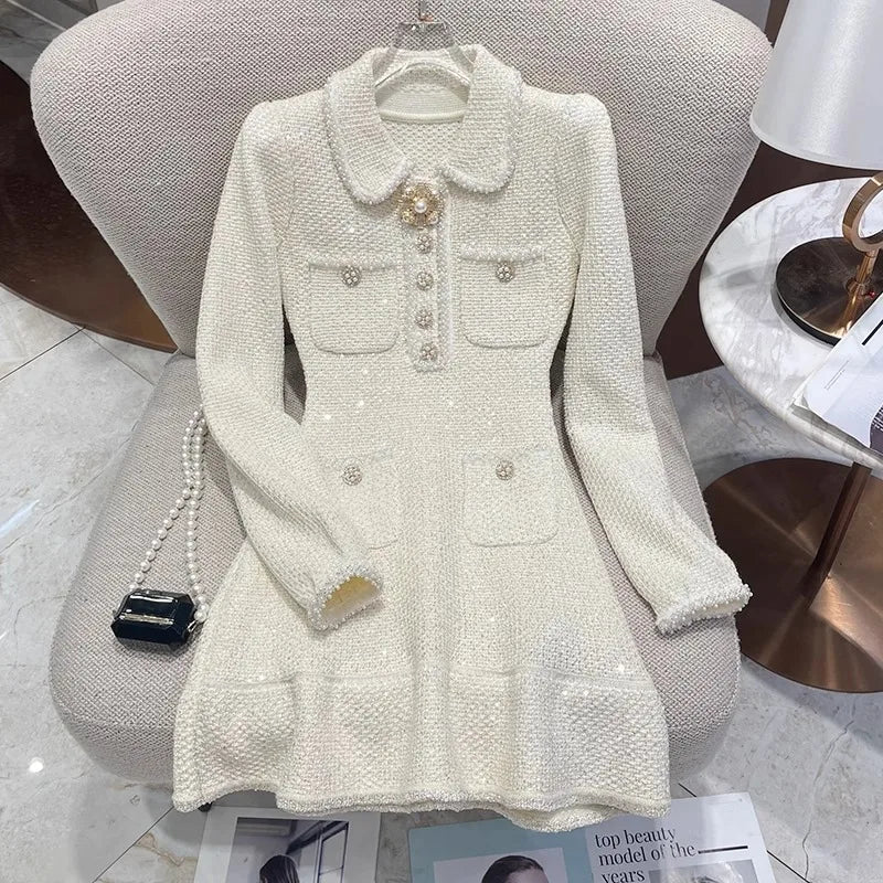 Elegant luxury Small Fragrance Knitted Dress Women Sequin Pearl Buttons Trendy Waist Up Slim Mini Dresses Spring Autumn New White