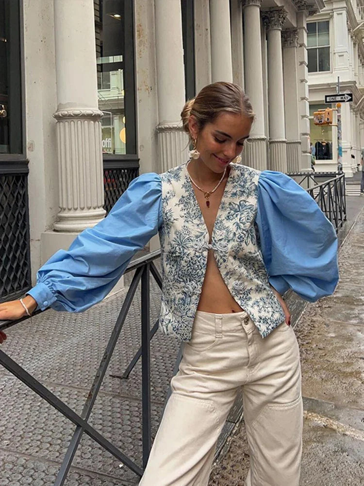 Fashion Print Lantern Sleeve Shirt Women Loose Buttons V-neck Split Female Top Summer Lady Patchwork Blue Streetwear