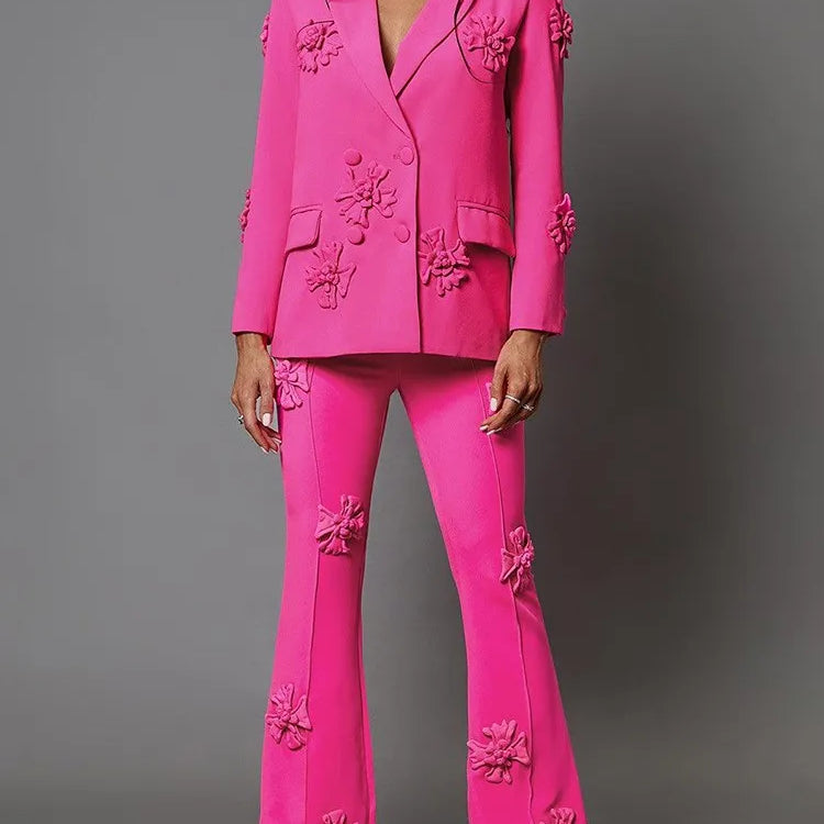 Solid Patchwork Appliques Two Piece Sets For Women Lapel Long Sleeve Coat High Waist Pant Chic Set Female Clothing