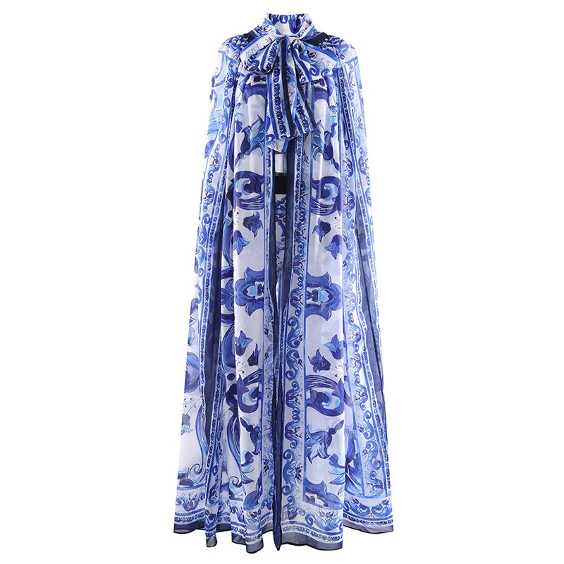 New Fashion Loose Chiffon Porcelain Print Bow Cape Versatile Women’s Cloak Parties Vacations Stylish Scarf Collar Shawl Coat Blue