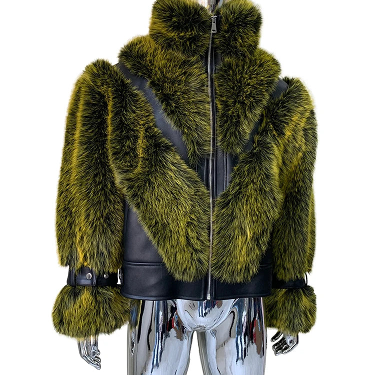 Lautaro Winter Cool Thick Warm Color Block Faux Fur Coat Men Stand Collar Luxury Zip Up Fluffy Jacket Runway European Fashion Yellow