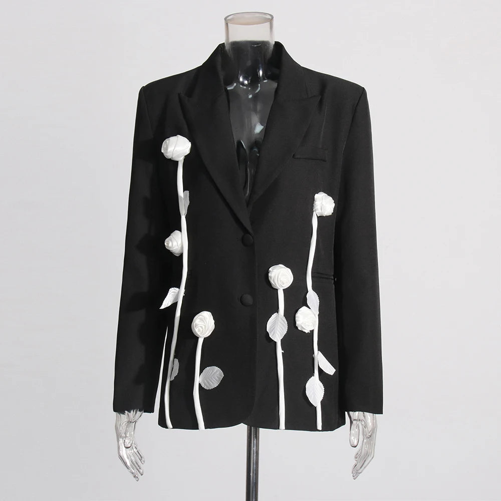 Hit Color Spliced Appliques Fashion Jackets for Women Lapel Long Sleeves Patchwork Single Breasted Jacket Female BLACK