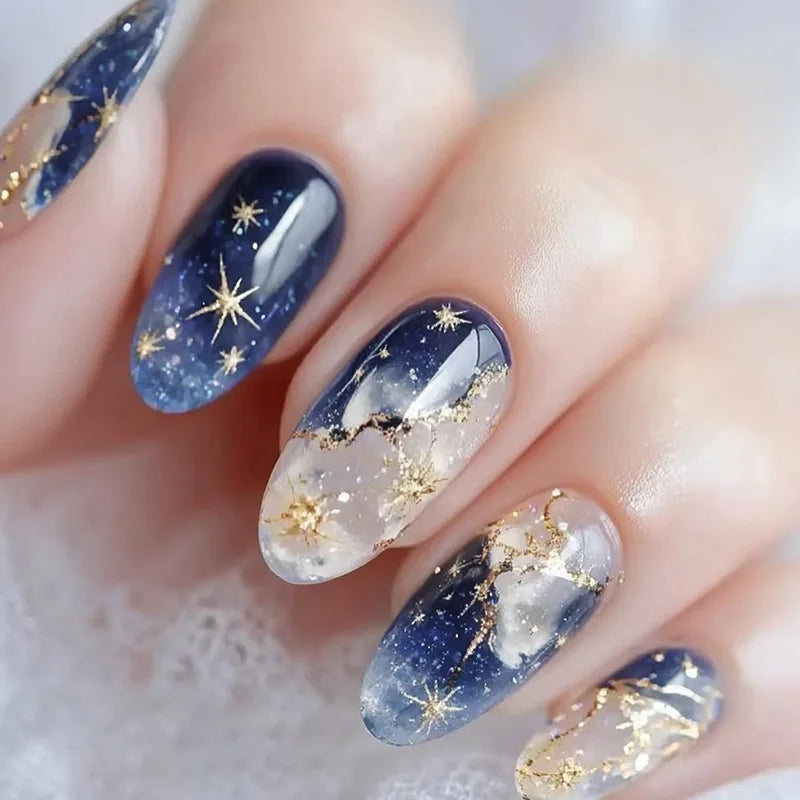 Medium fake nails for women gilrs gradient blue pink starry sky star moon Y2K design Almond nail tips press on false nail set 2230