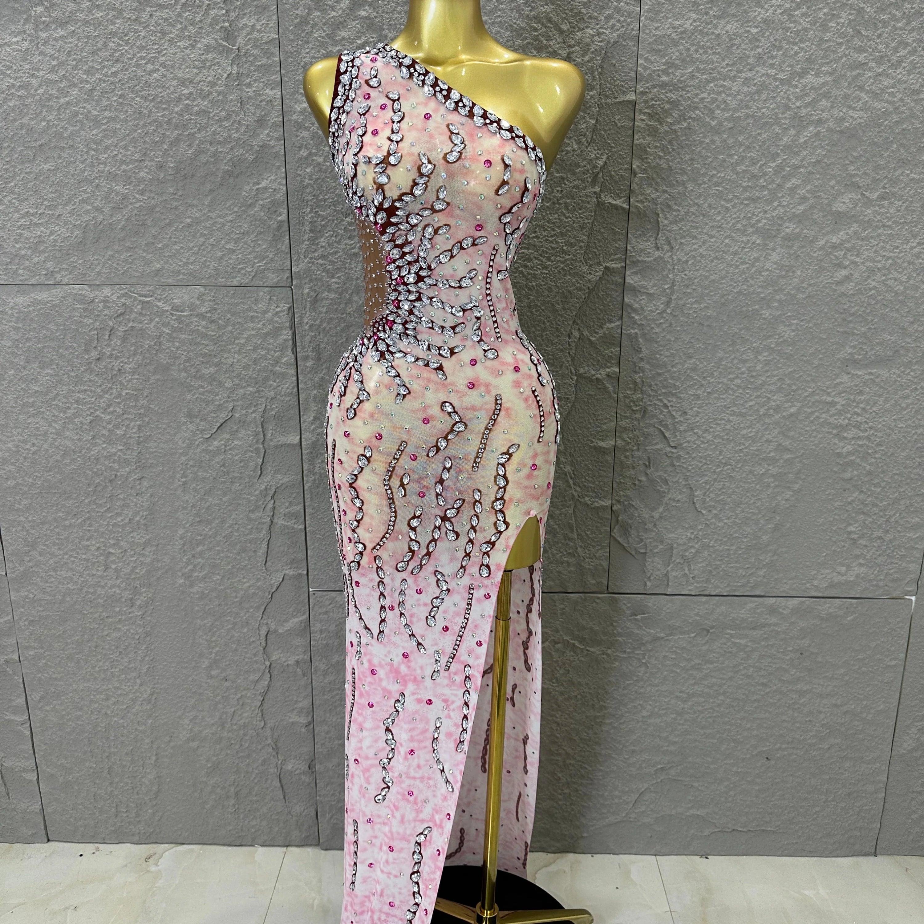 Women Sexy One-Shoulder Crystal Rhinestone Cutout High Slit Sheer Mesh Bodycon Outfit Stage Performance Evening Party Costume Pink