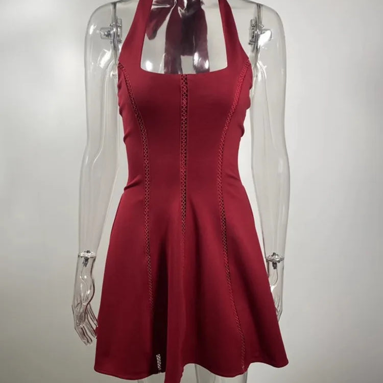 Halter Backless A-line Sexy Mini Dress For Women Robe Fashion Square Collar Sleeveless High Waist Pleated Dress Elegant Red