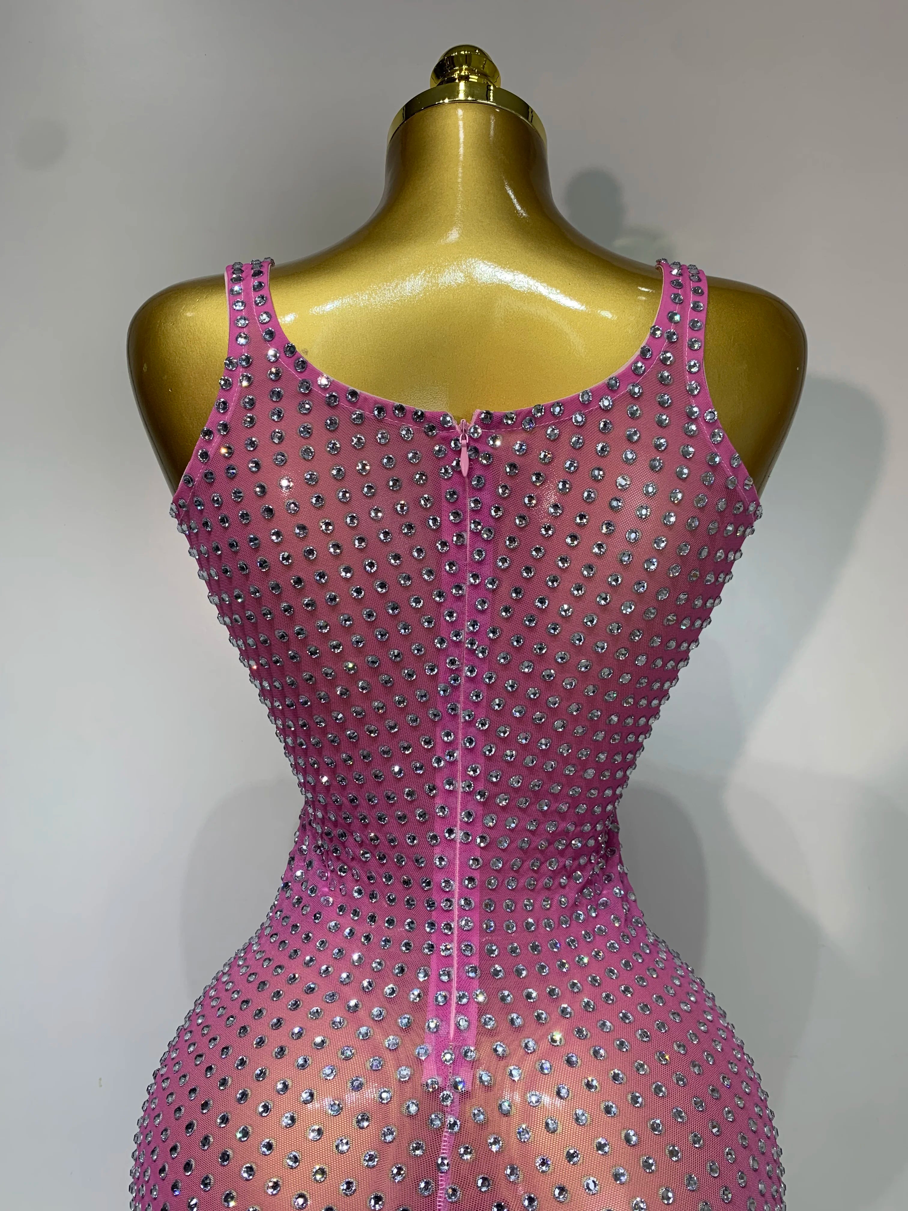 Women Sexy Mesh See Through Rhinestone Pink Long Maxi Dress Birthday Evening Party Costume Singer Stage Performance Costume