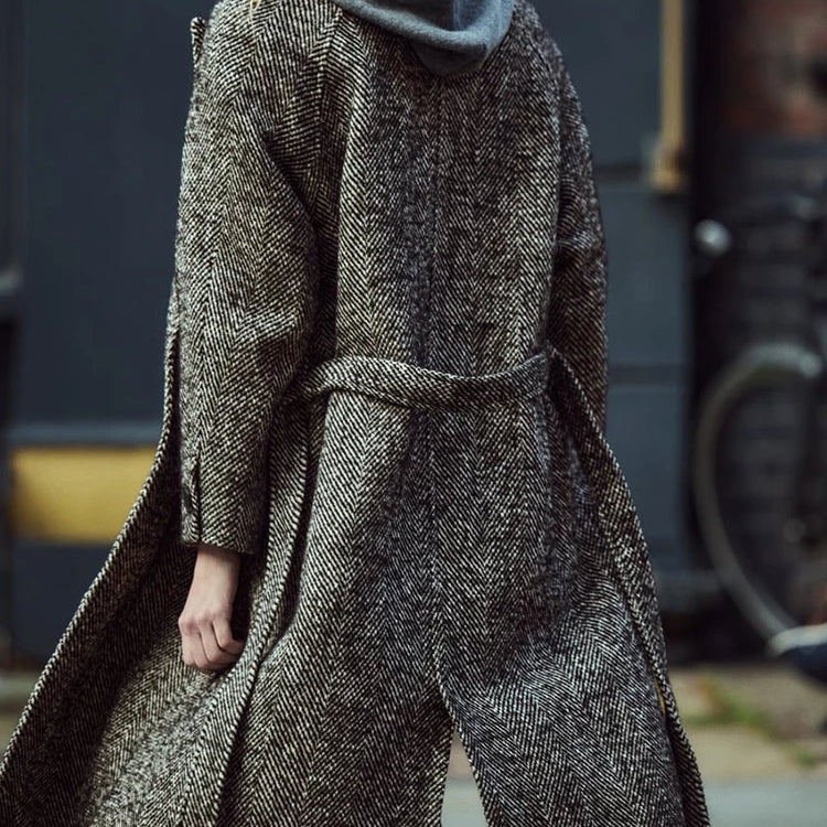 Women's Warm Windbreaker Fall And Winter New Retro Long-Sleeved Classic Jacket Herringbone Twill With Belt Windbreaker