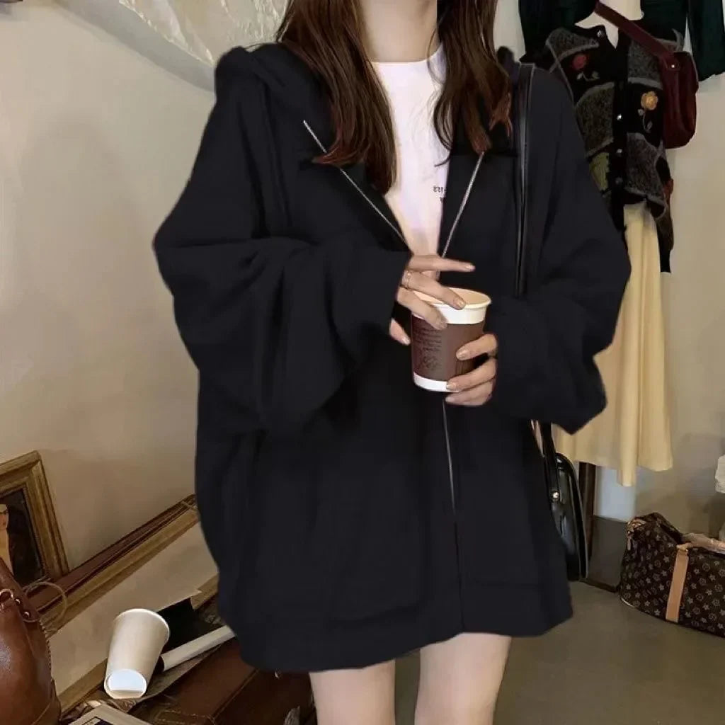 2023 Spring Autumn New Style Black Hooded Sweatshirt Women's Loose Fit Casual Fleece Lined Chic Niche Top Korean Version Jacket Black color thin section