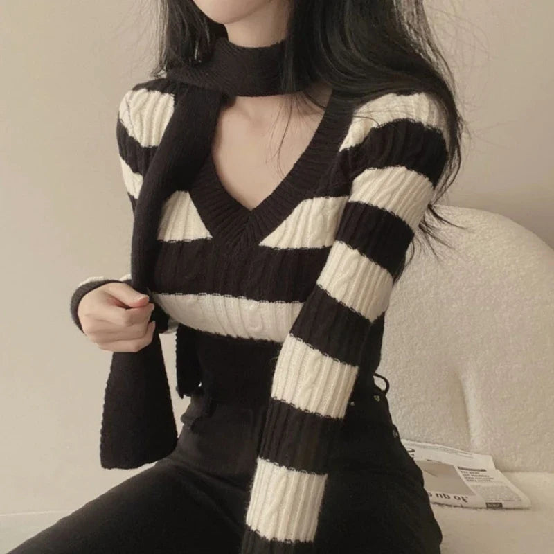 Elegant Scarf Collar and Cable Knit Long Sleeve Striped Skinny Sweater for Women