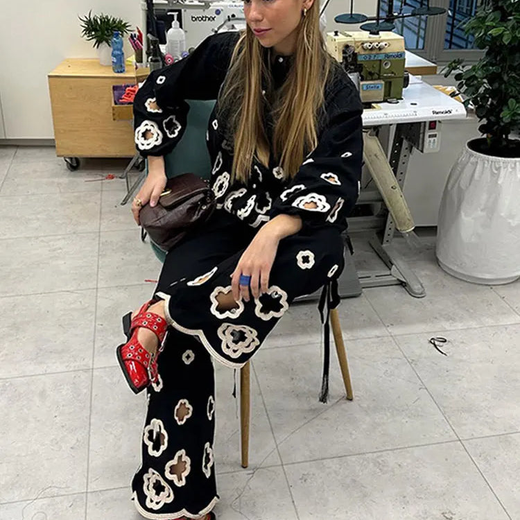 Chic Hook Flower Hollow Out Women's Lace Pants Set Retro Lapel Long Lantern Sleeve Shirt Suit New Lady Party Elegant Outfit