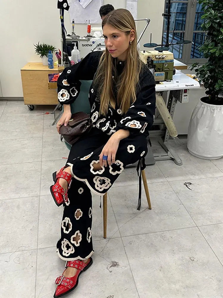 Chic Hook Flower Hollow Out Women's Lace Pants Set Retro Lapel Long Lantern Sleeve Shirt Suit New Lady Party Elegant Outfit