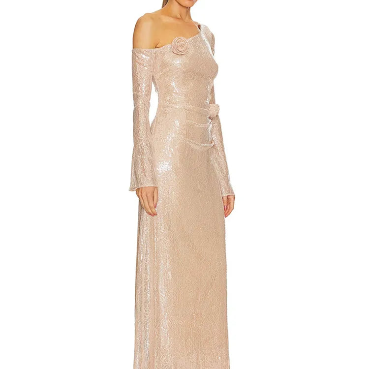 Chic Luxury Women Celebrity Sexy One Shoulder Beige Mesh Sequins Maxi Long Gowns Dress 2025 Elegant Evening Party Club Vestido